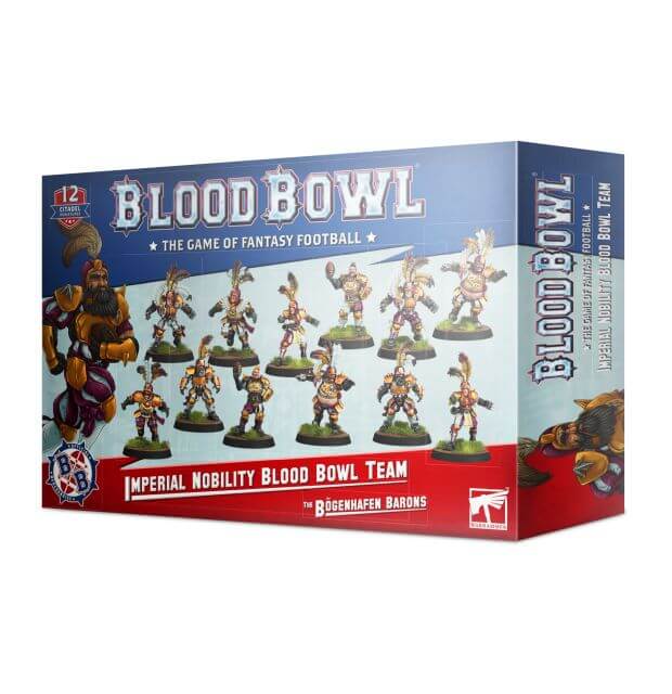 Product packaging for 'Blood Bowl Imperial Nobility Team - Bogenhafen Barons' featuring illustrations of fantasy football players and the game's elements such as bases and balls.