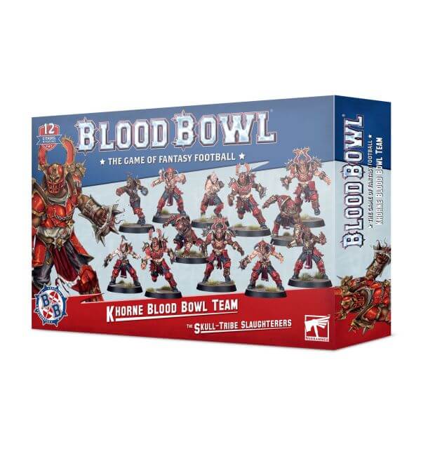 Product box for Blood Bowl Khorne Team - Skull-Tribe Slaughterers, featuring illustrations of the miniature figures and the game's name.