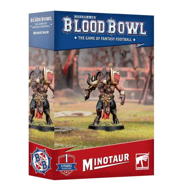 Warhammer 40k Blood Bowl: The Game of Fantasy Football Minotaur miniatures kit box, featuring the character Minotaur on the front cover artwork, with the Warhammer logo and Citadel branding at the bottom.