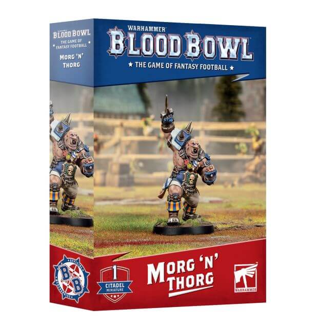Warhammer Blood Bowl: The Game of Fantasy Football 'Morg 'N' Thorg' box set, featuring a blue and red box with a fantasy football miniature on the front.