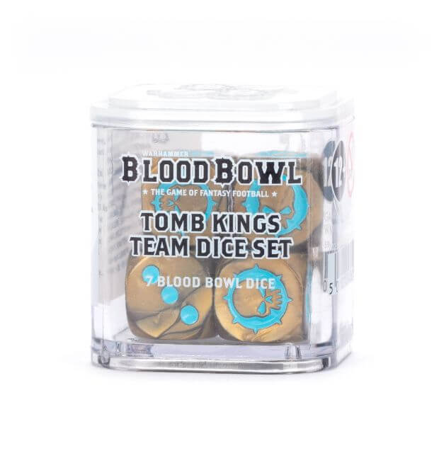 Clear container with 'Blood Bowl' Tomb Kings Team Dice Set on a white background