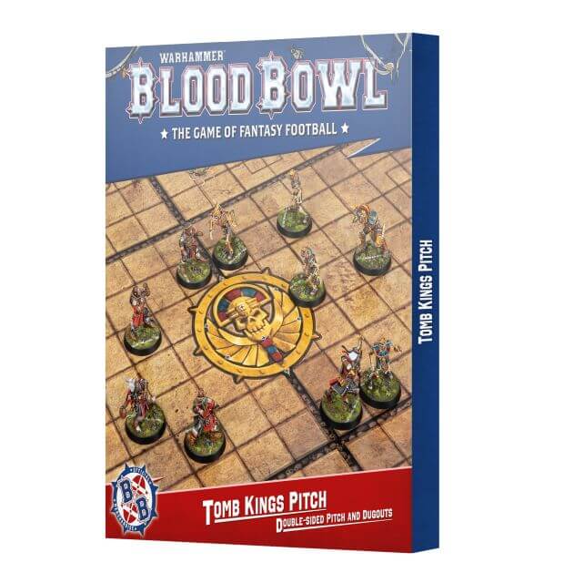 Blood Bowl Khemri Pitch featuring models on a brown stone tile field.
