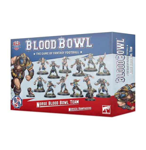 Packaging for Blood Bowl Norse Team - Norsca Rampagers miniatures, featuring illustrations of the assembled team playing the game.
