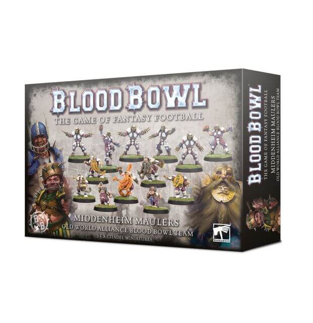 Packaging for Blood Bowl Old World Alliance Team - Middenheim Maulers, featuring illustrations of fantasy football players and team bases.