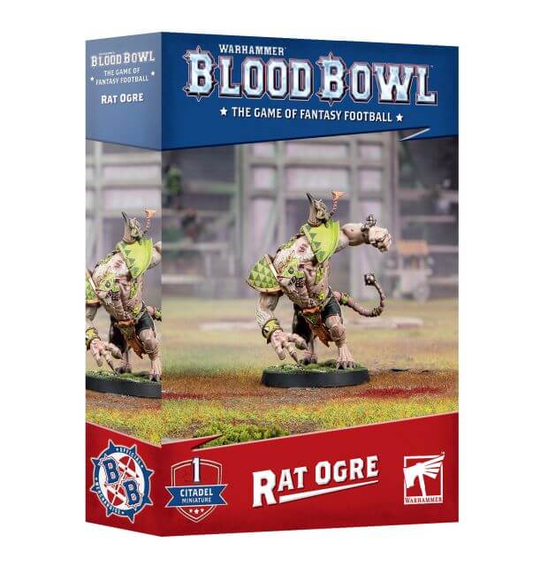 Warhammer 40k Blood Bowl: The Game of Fantasy Football - Rat Ogre tabletop gaming box, featuring a blue and red box design with a photo of the Rat Ogre miniature.