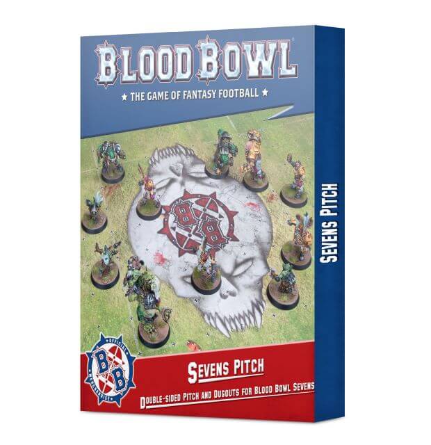 Box cover for Blood Bowl Sevens Pitch game, featuring miniature figures and a reversible pitch design with a skull motif.