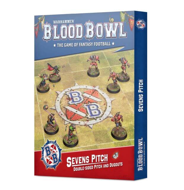 Warhammer Blood Bowl: Sevens Pitch double-sided pitch and dudugets box set, showing the front and spine of the product packaging on a white background.