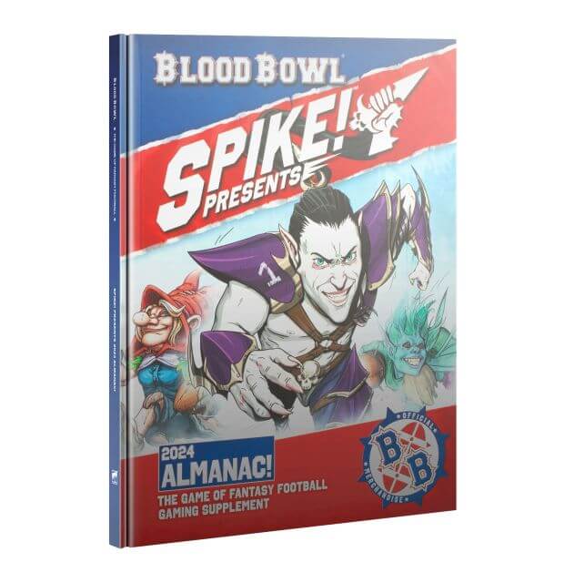 Cover of 'Blood Bowl Spike! Almanac 2024' featuring illustrated characters from the Blood Bowl game series, with the title and various decorative elements.