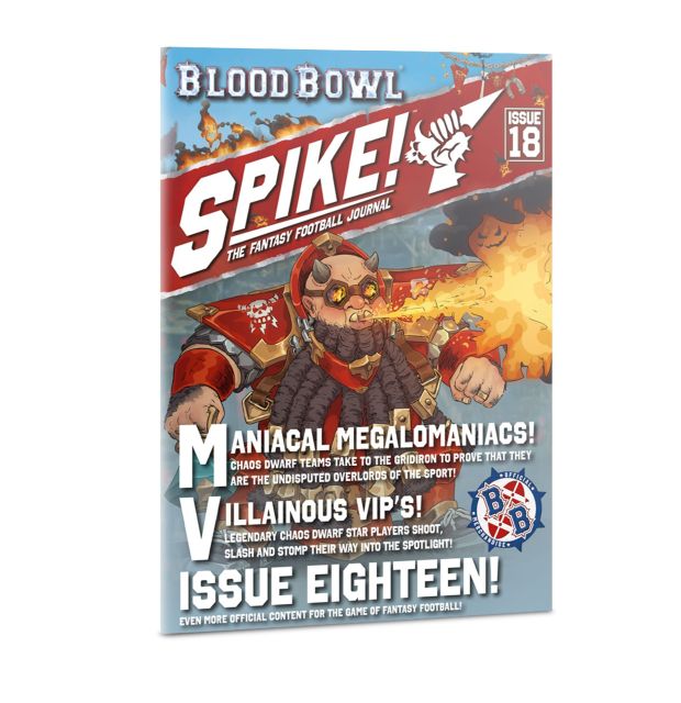 Cover of 'Blood Bowl Spike! Journal 18' featuring illustrated characters and text related to the Blood Bowl game.