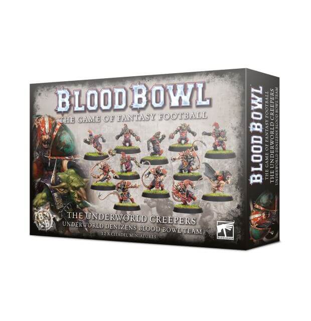 Box cover for Blood Bowl Underworld Denizens Team, featuring illustrations of fantasy football players from the Underworld Creepers team set.