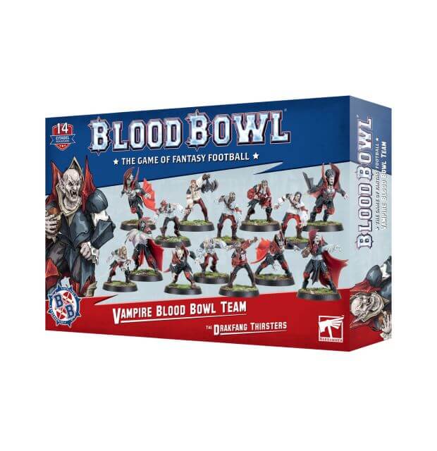 Boxed Blood Bowl game set featuring miniatures for a Vampire team, including various player figures and a coach.
