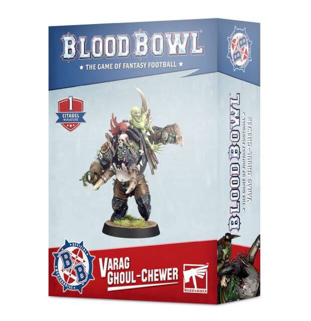 Product packaging for 'Blood Bowl Varag Ghoul-Chewer', featuring a plastic model of a fantasy football character on a 32mm Round Blood Bowl base.