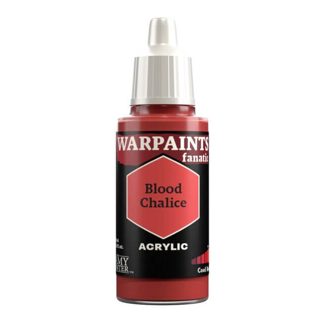 A bottle of Warpaints Fanatic Blood Chalice acrylic craft paint in a brilliant red color.