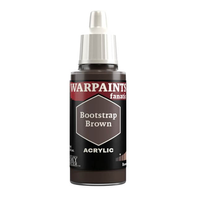 A bottle of Warpaints Fanatic Bootstrap Brown acrylic paint.