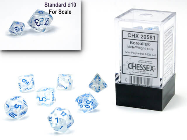 The Chessex Borealis Icicle with light blue mini polyhedral set and container on display on a white background, A size comparison with a standard size d10 is in the upper right hand corner