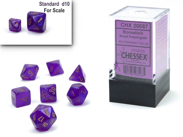 The Chessex Royal Purple with gold mini polyhedral set and container on display on a white background, A size comparison with a standard size d10 is in the upper right hand corner.