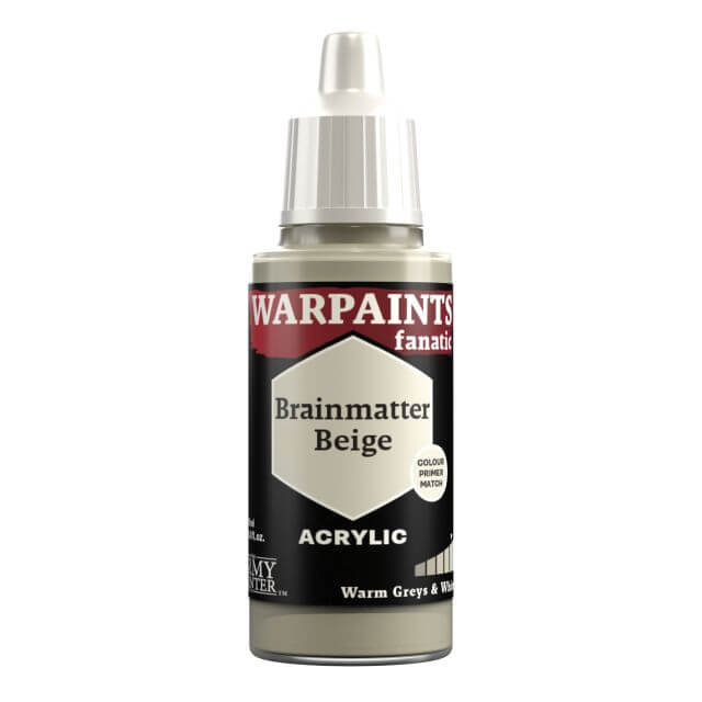 A bottle of Warpaints Fanatic Brainmatter Beige acrylic paint.