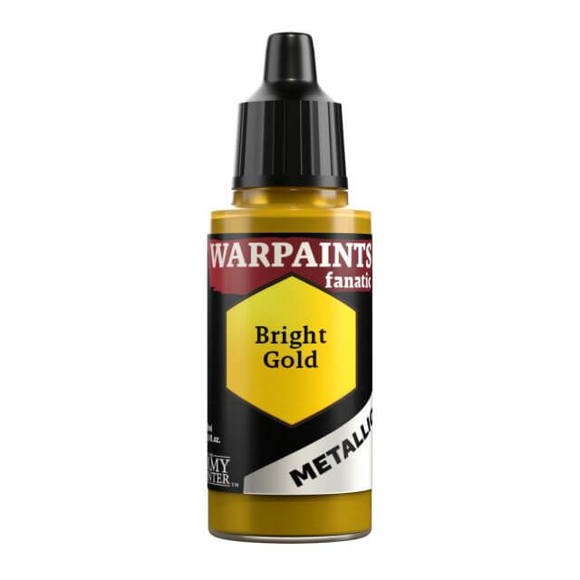 A bottle of Warpaints Fanatic Metallic Miniatures paint in the color Bright Gold. 