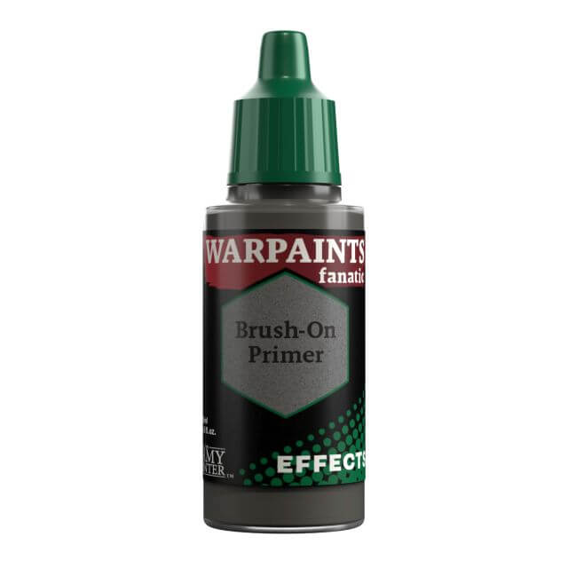 A bottle of Warpaints Fanatic Effects Brush-On Primer, 18ml size, with a green cap and label featuring the brand and product name.