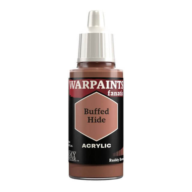 A bottle of Warpaints Fanatic: Buffed Hide acrylic paint in a reddish-brown color, 18ml size.