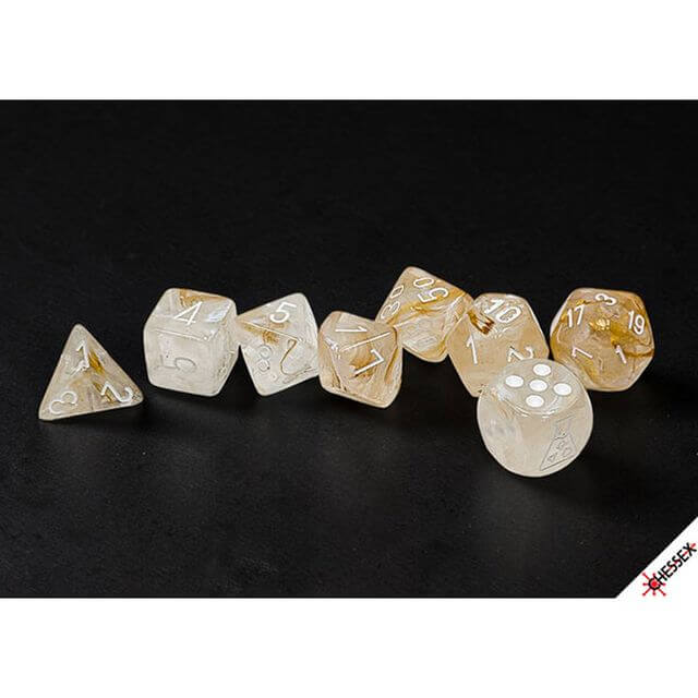 Polyhedral dice in white and light brown, with white ink.