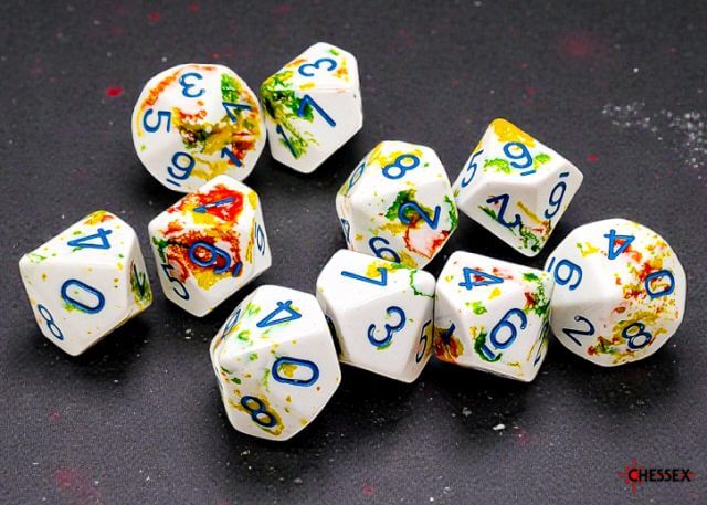 Set of colorful polyhedral dice on a dark surface