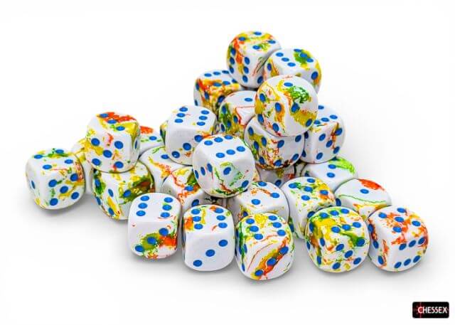 Colorful dice with polka dot pattern on a white background