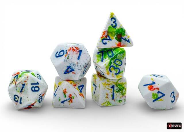 Colorful polyhedral dice set on a white background