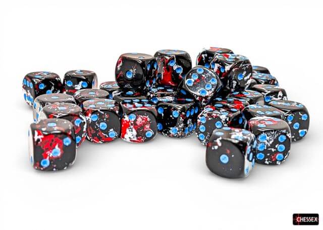 Set of Chessex dice with black, red, and blue patterns on a white background