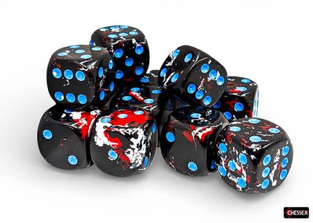 Set of dice with black, red, and blue patterns on a white background