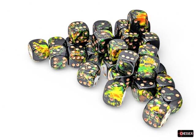 Set of Chessex dice with black, yellow, and green pattern on a white background