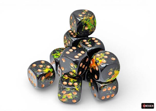 Set of Chessex dice with black, orange, and green marbled design on a white background
