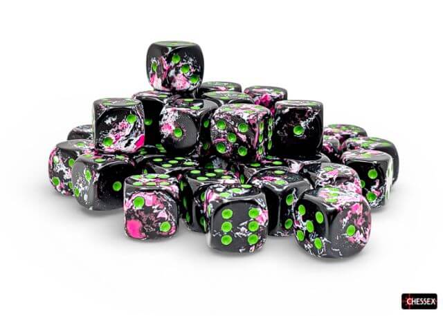 Set of dice with black, pink, and green design on a white background