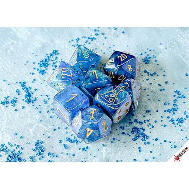 Polyhedral dice in white and blue, with gold ink.
