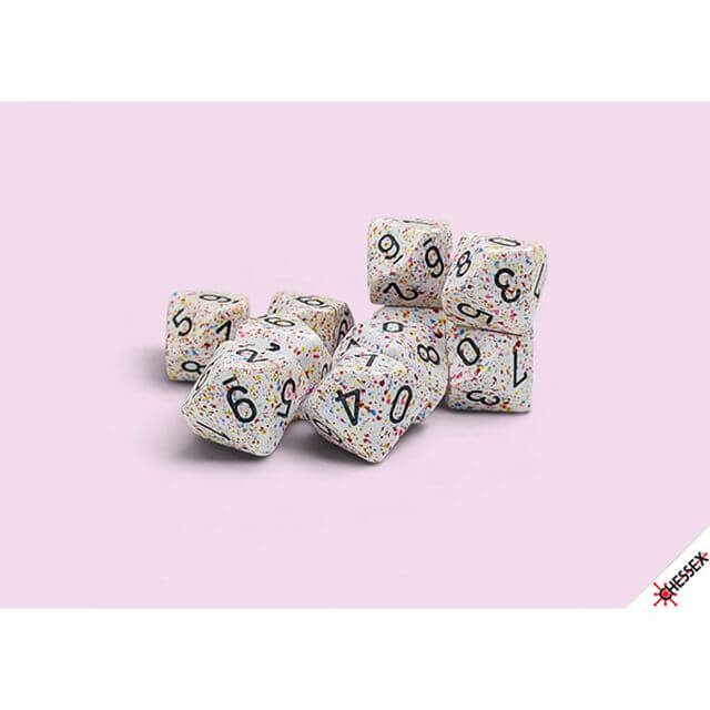 10d10 set of multicolored speckled dice.