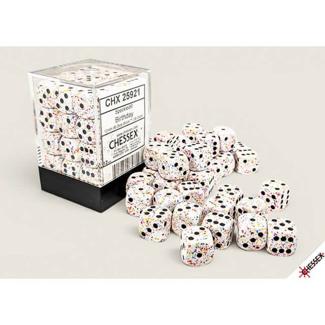 36d6 set of multicolored speckled dice.