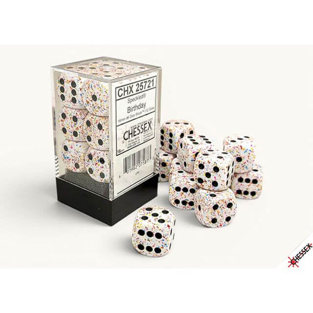 12d6 set of multicolored speckled dice.