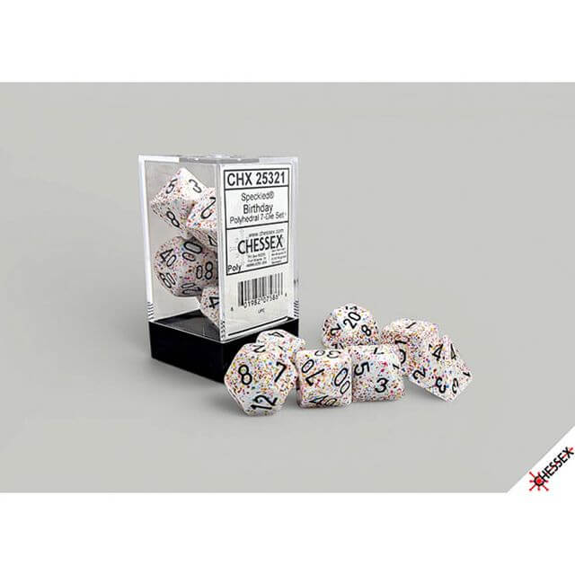 Polyhedral set of multicolored speckled dice.