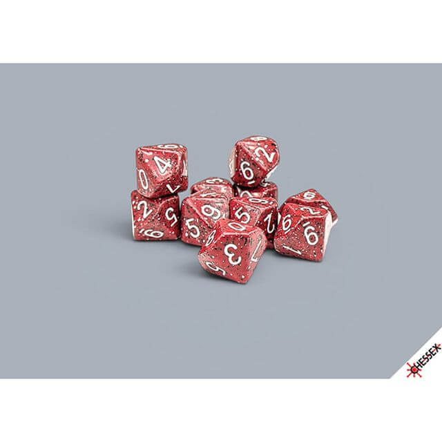 10d10 set of red speckled dice.