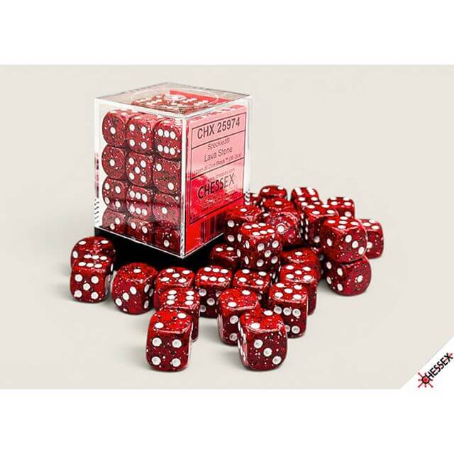 36d6 set of red speckled dice.