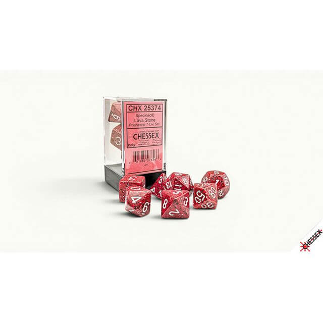 Polyhedral set of red speckled dice.