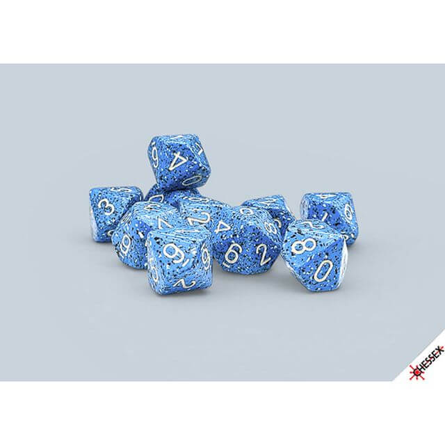 10d10 set of blue speckled dice.