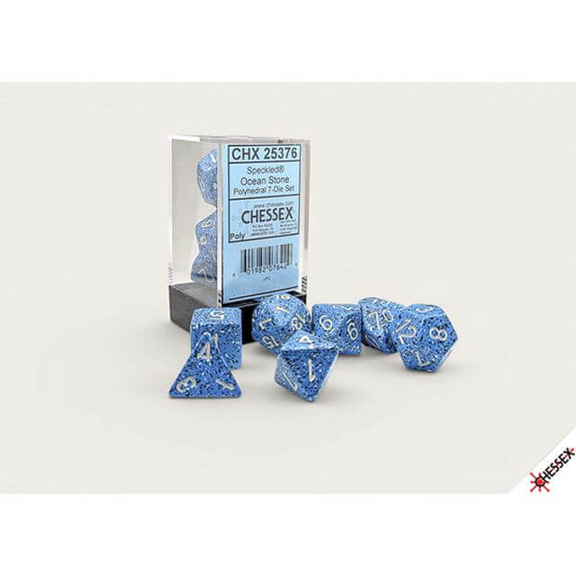 Polyhedral set of blue speckled dice.