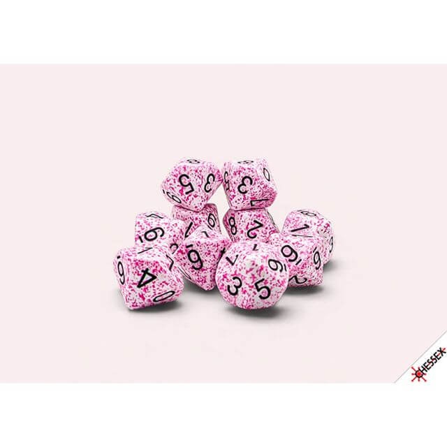 10d10 set of pink speckled dice.