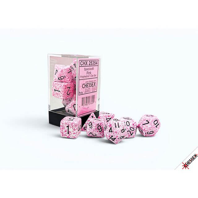 Polyhedral set of pink speckled dice.