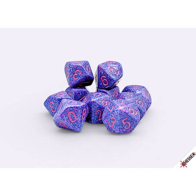10d10 set of pink and purple speckled dice.