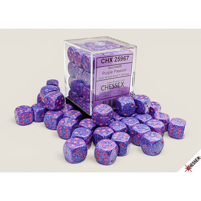 36d6 set of pink and purple speckled dice.