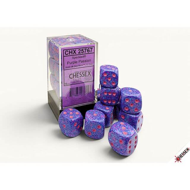 12d6 set of pink and purple speckled dice.
