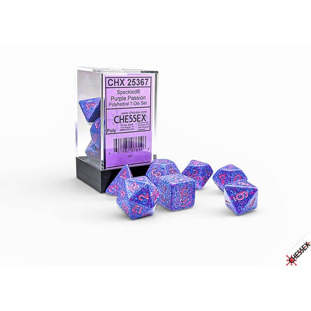 Polyhedral set of pink and purple speckled dice.