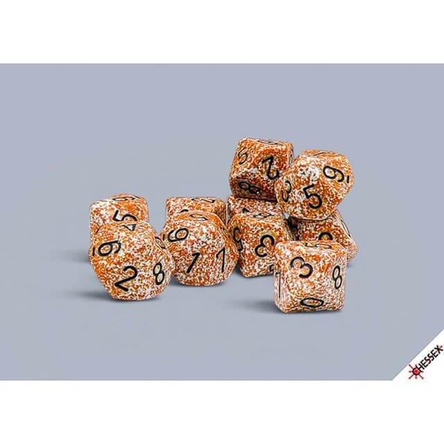 10d10 set of orange speckled dice.